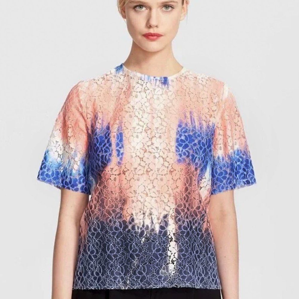 MSGM Floral Lace Blue, Pink & Off-White Tie Dye Short Sleeve Boxy Tee Size L